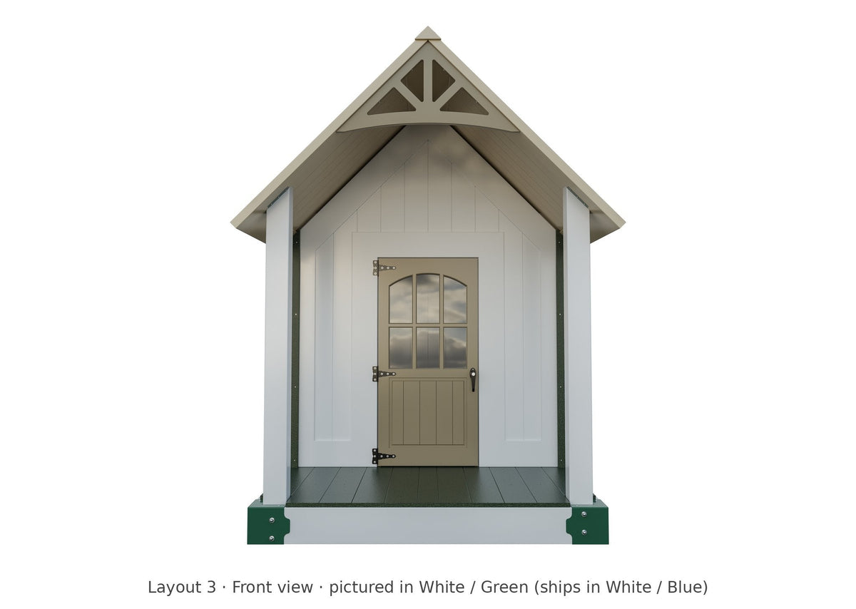 Amish Churchill Vinyl Playset & Swing Set Kit – Layout 3, front view (shown in White with Green accents)