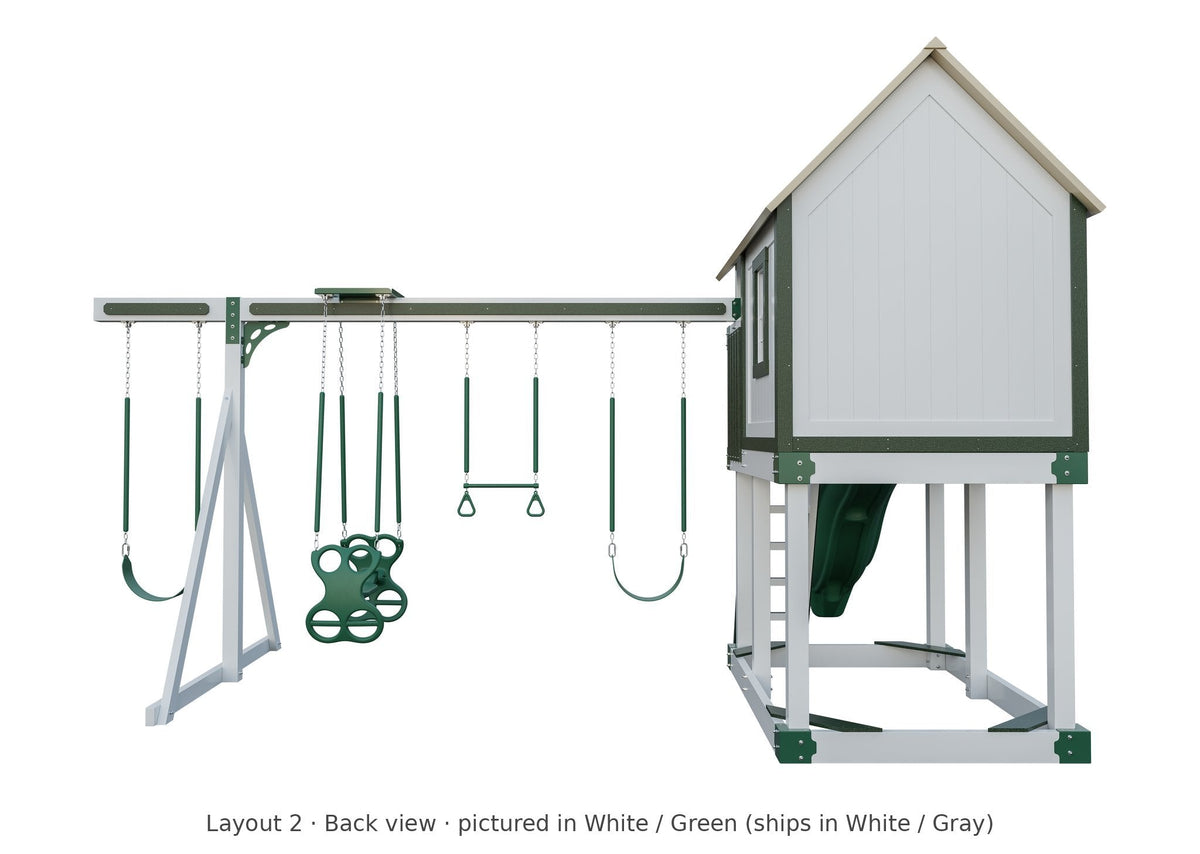 Amish Churchill Vinyl Playset & Swing Set Kit – Layout 2, back view (shown in White with Green accents)