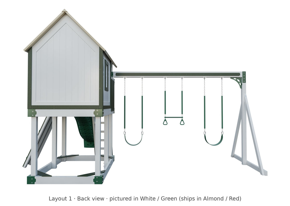 Amish Churchill Vinyl Playset & Swing Set Kit – Layout 1, back view (shown in White with Green accents)