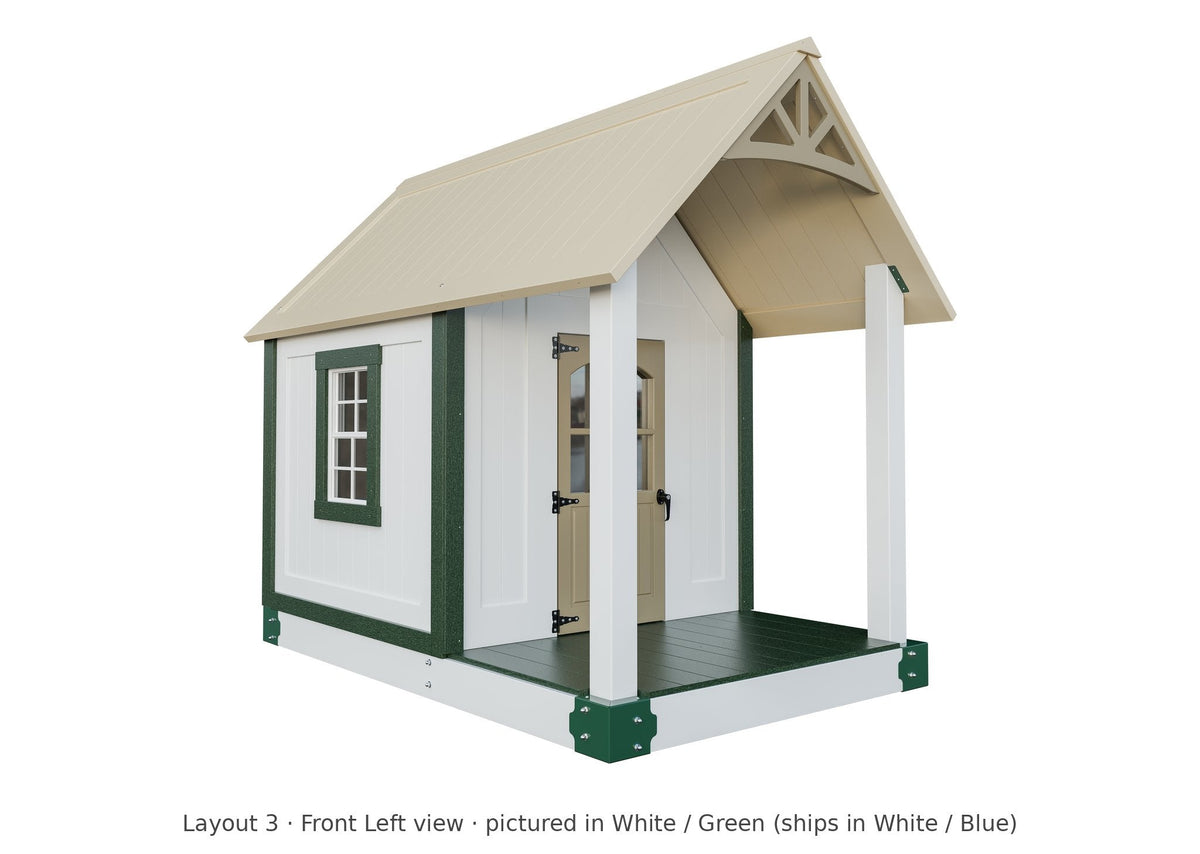 Amish Churchill Vinyl Playset & Swing Set Kit – Layout 3, front left view (shown in White with Green accents)
