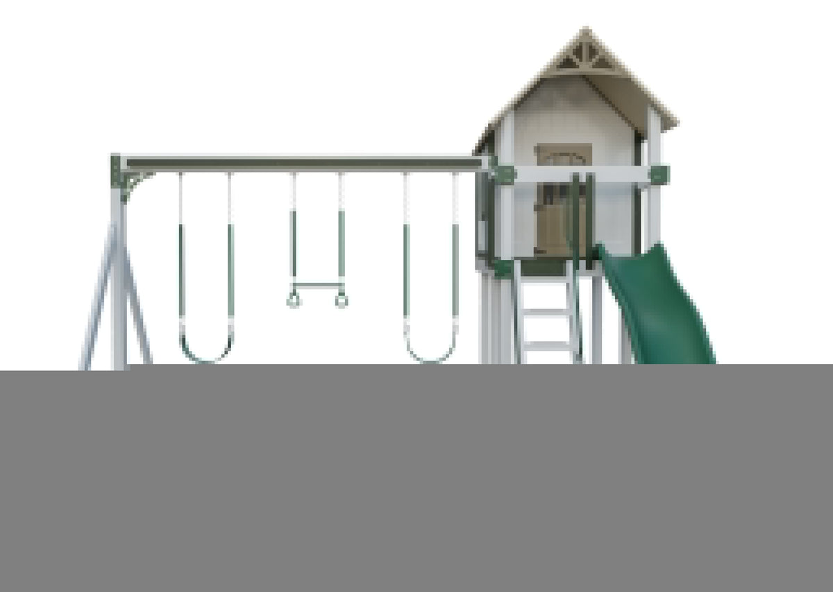 Amish Churchill Vinyl Playset & Swing Set Kit – Layout 1, front view (shown in White with Green accents)