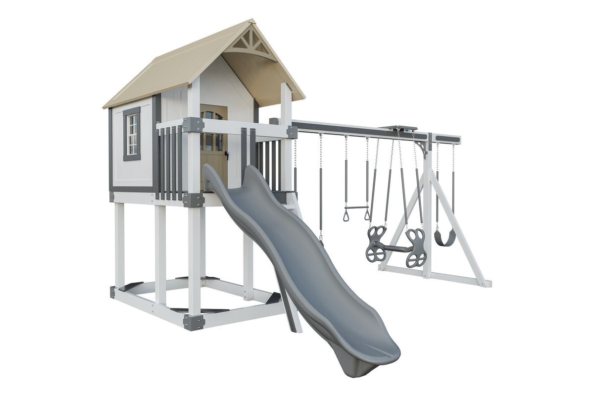 Amish Churchill Vinyl Playset & Swing Set Kit – Layout 2, White with Gray accents
