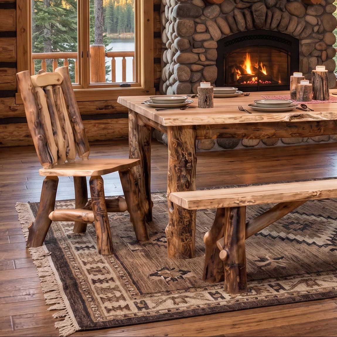 A rustic log dining room set featuring a heavy wood dining table, matching bench, and three log chairs, arranged on a patterned rug in front of a stone fireplace.