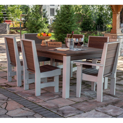 Brown and white poly patio dining set for six with a slat-top table, side chairs and arm chairs on a stone patio