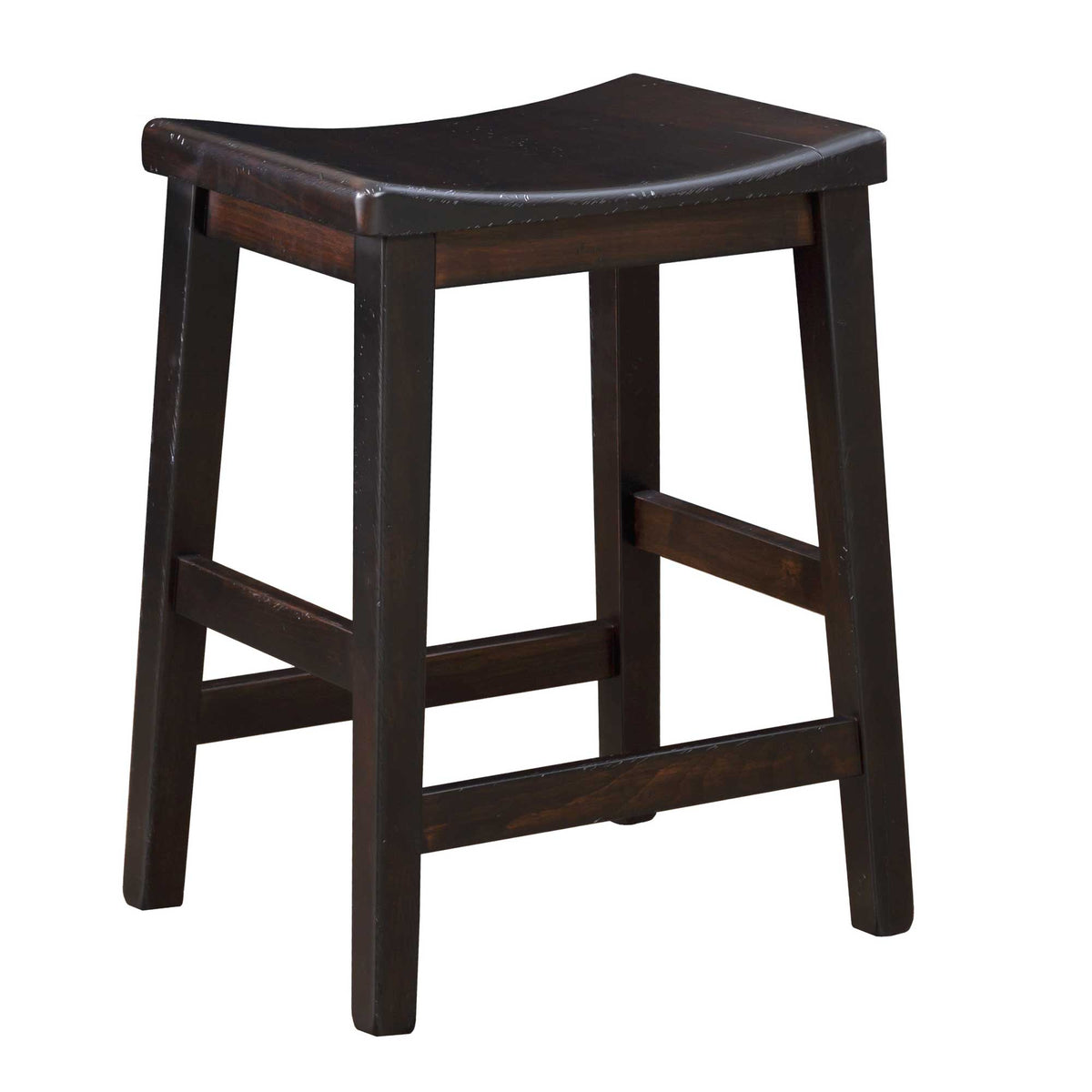 Dark espresso saddle seat bar stool with curved wood seat, splayed square legs and side footrest rails