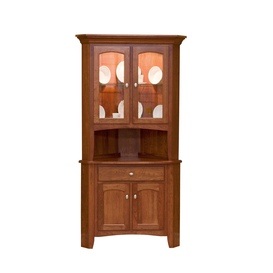 A wooden corner hutch with glass doors and a wooden floor, featuring a brown finish.