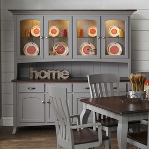 Gray painted china hutch with a walnut top, four lighted glass doors, plate display and beadboard back