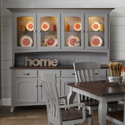 Gray painted china hutch with a walnut top, four lighted glass doors, plate display and beadboard back