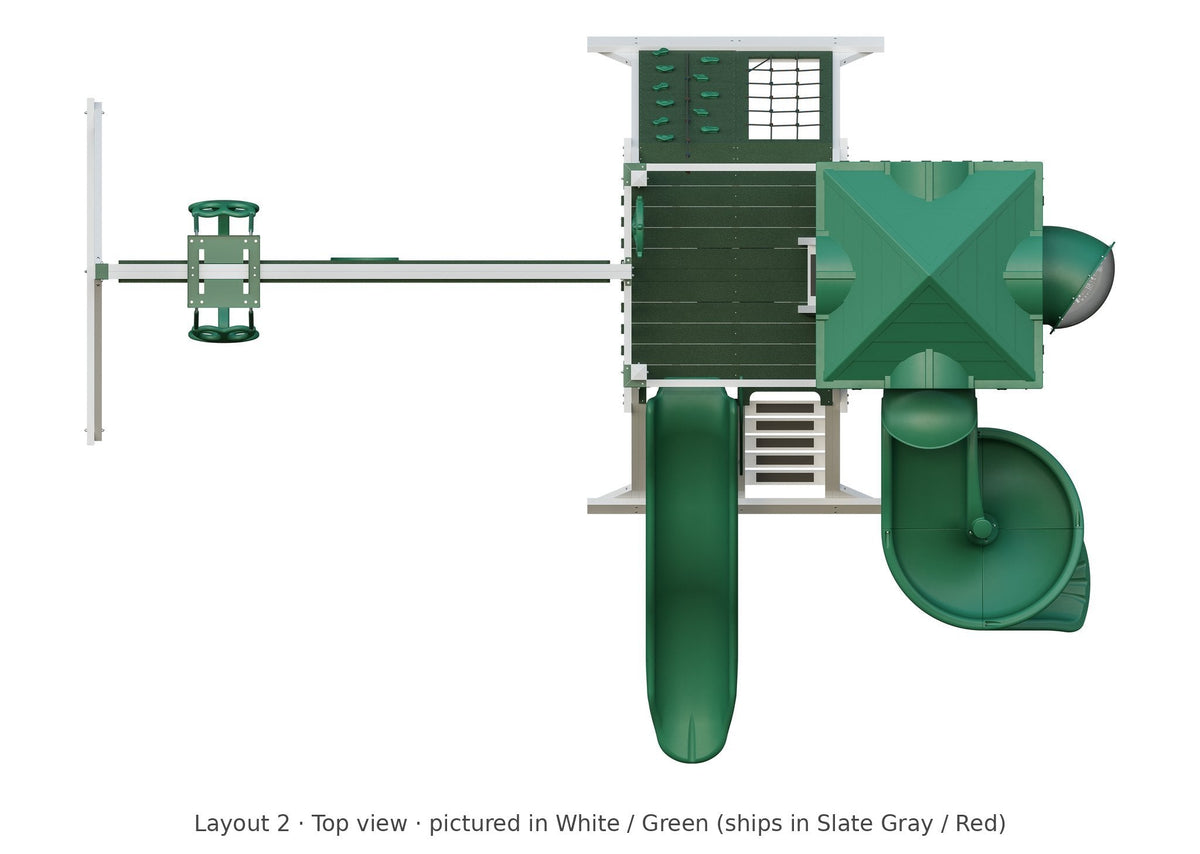 Amish Concord Vinyl Playset & Swing Set Kit – Layout 2, top view (shown in White with Green accents)
