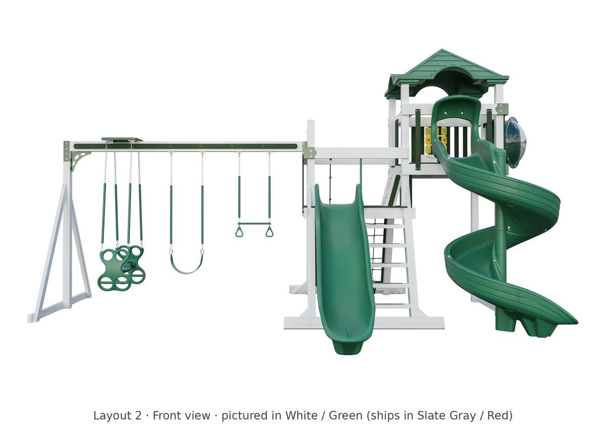 Amish Concord Vinyl Playset & Swing Set Kit – Layout 2, front view (shown in White with Green accents)