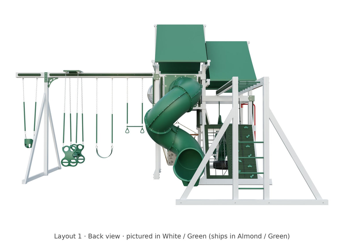 Amish Concord Vinyl Playset & Swing Set Kit – Layout 1, back view (shown in White with Green accents)