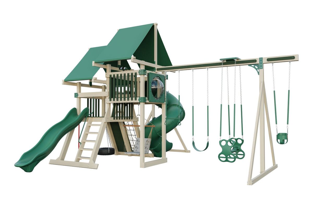 Amish Concord Vinyl Playset & Swing Set Kit – Layout 1, Almond with Green accents