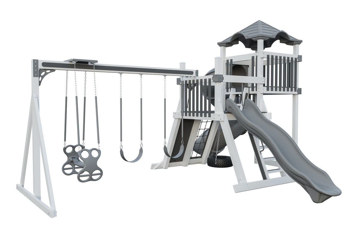 Amish Concord Vinyl Playset & Swing Set Kit – Layout 3, White with Gray accents