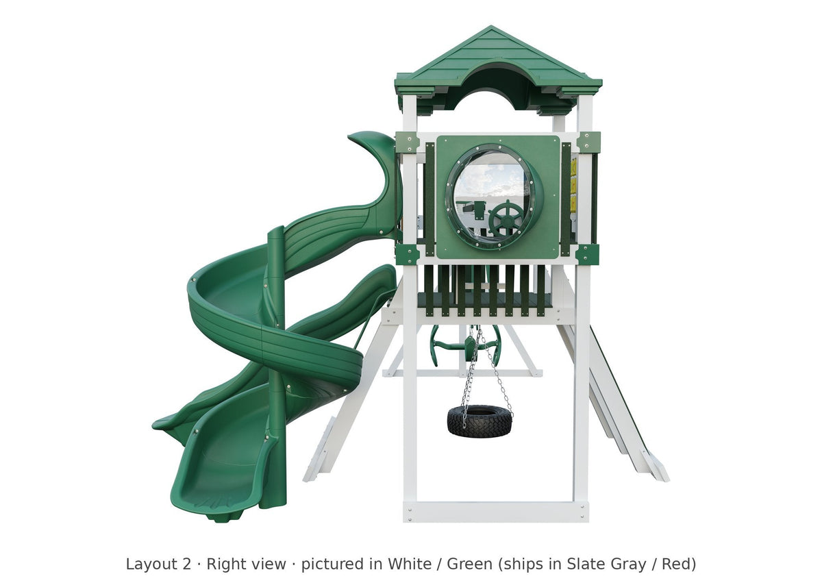 Amish Concord Vinyl Playset & Swing Set Kit – Layout 2, right view (shown in White with Green accents)