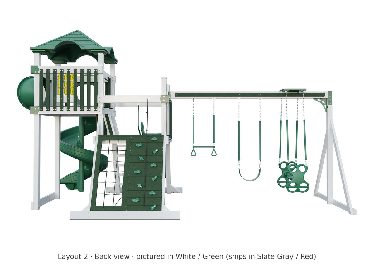 Amish Concord Vinyl Playset & Swing Set Kit – Layout 2, back view (shown in White with Green accents)