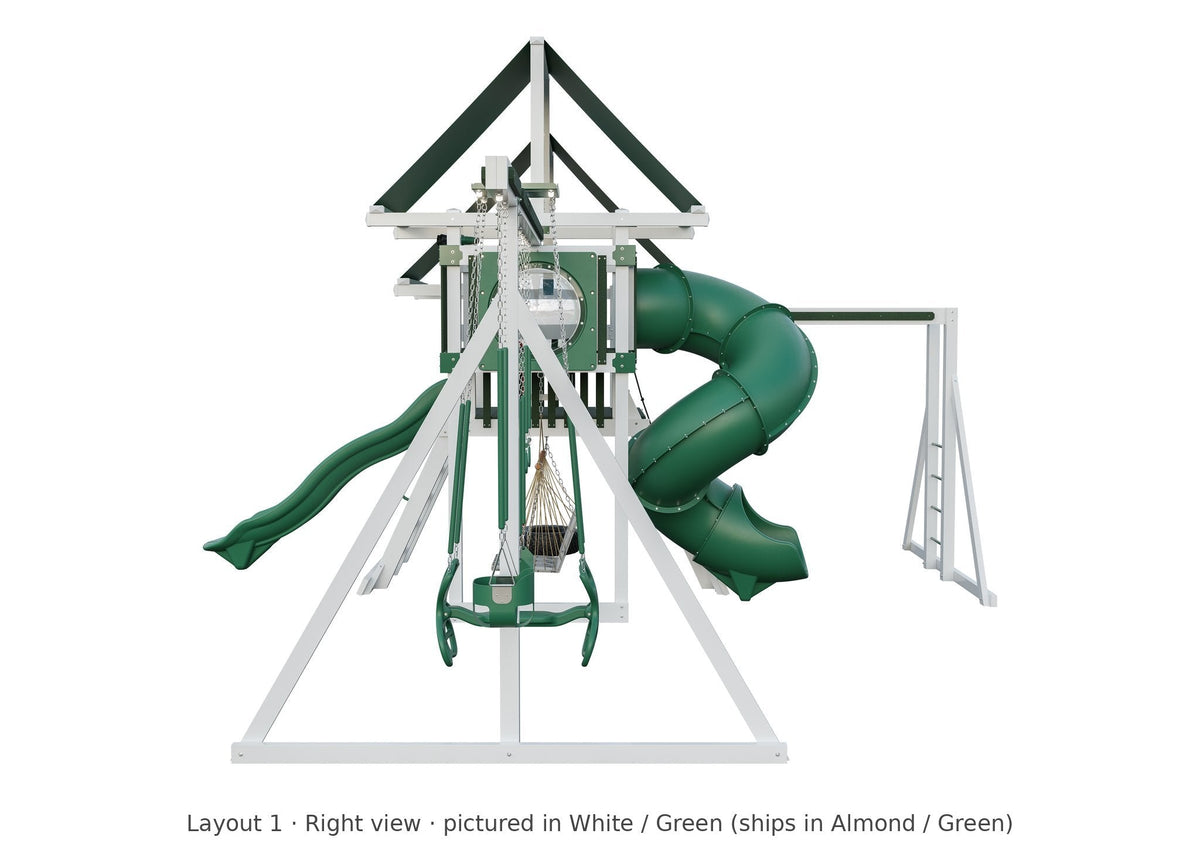 Amish Concord Vinyl Playset & Swing Set Kit – Layout 1, right view (shown in White with Green accents)