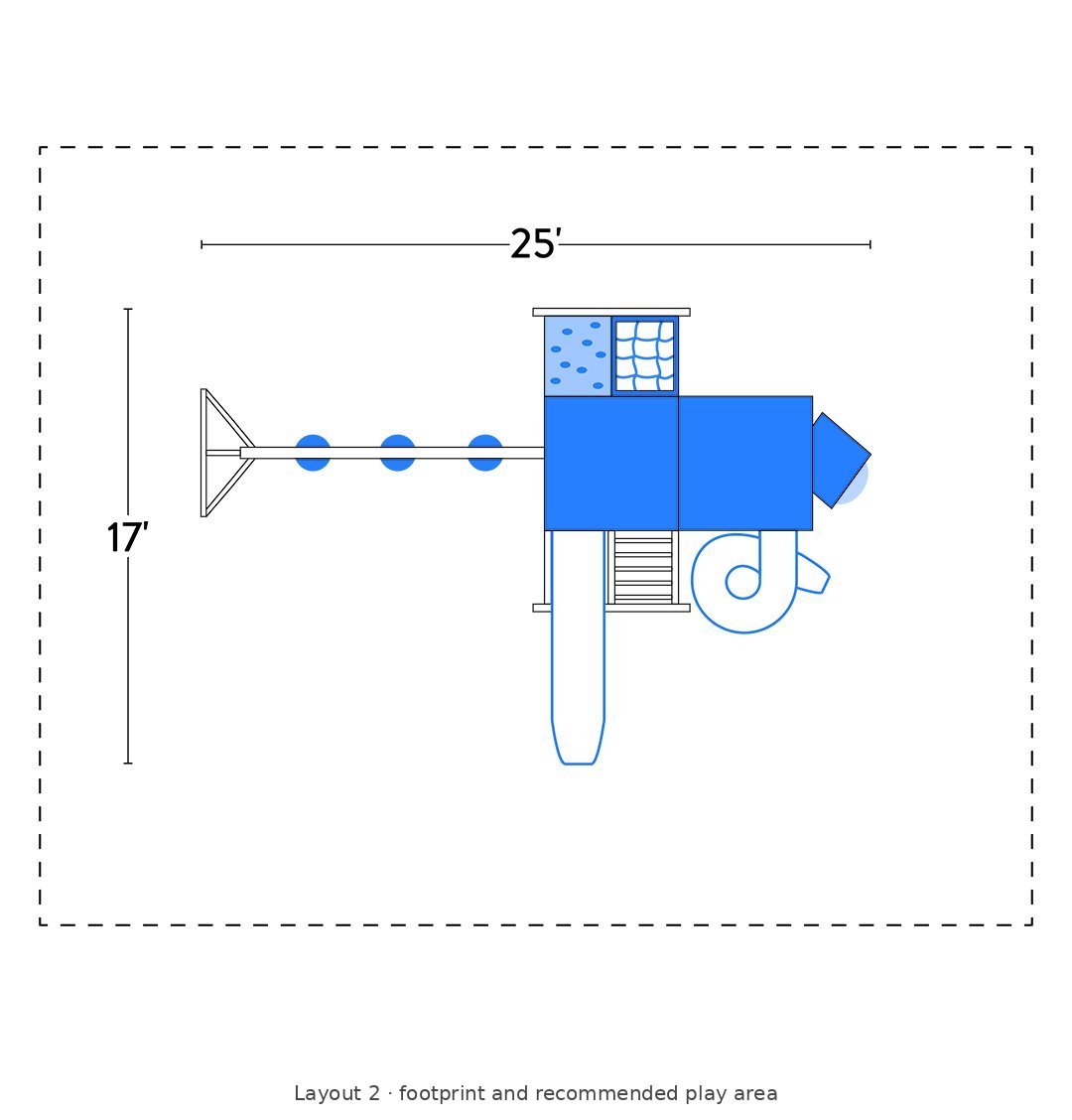 Amish Concord Vinyl Playset & Swing Set Kit – Layout 2 footprint and recommended play area diagram