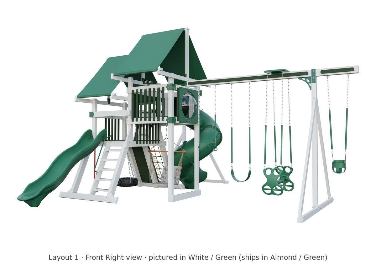 Amish Concord Vinyl Playset & Swing Set Kit – Layout 1, front right view (shown in White with Green accents)