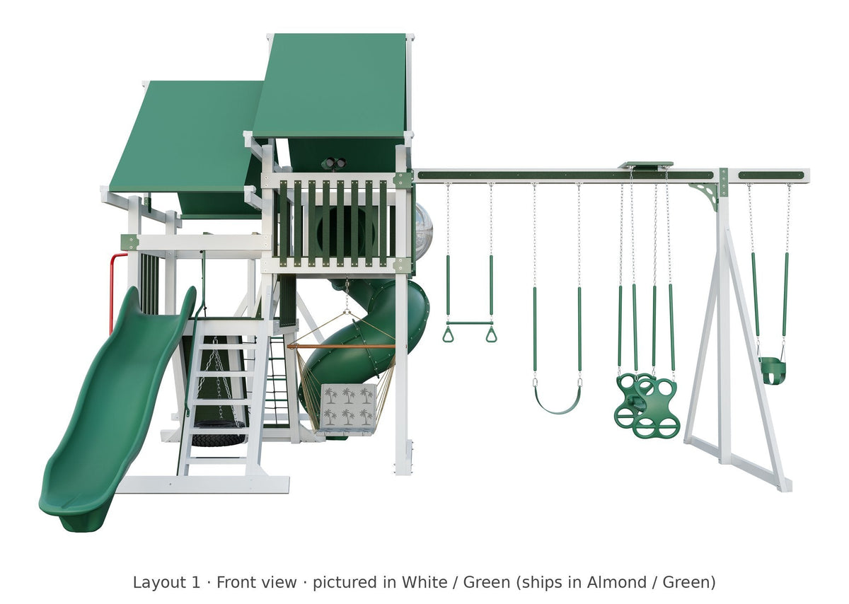 Amish Concord Vinyl Playset & Swing Set Kit – Layout 1, front view (shown in White with Green accents)
