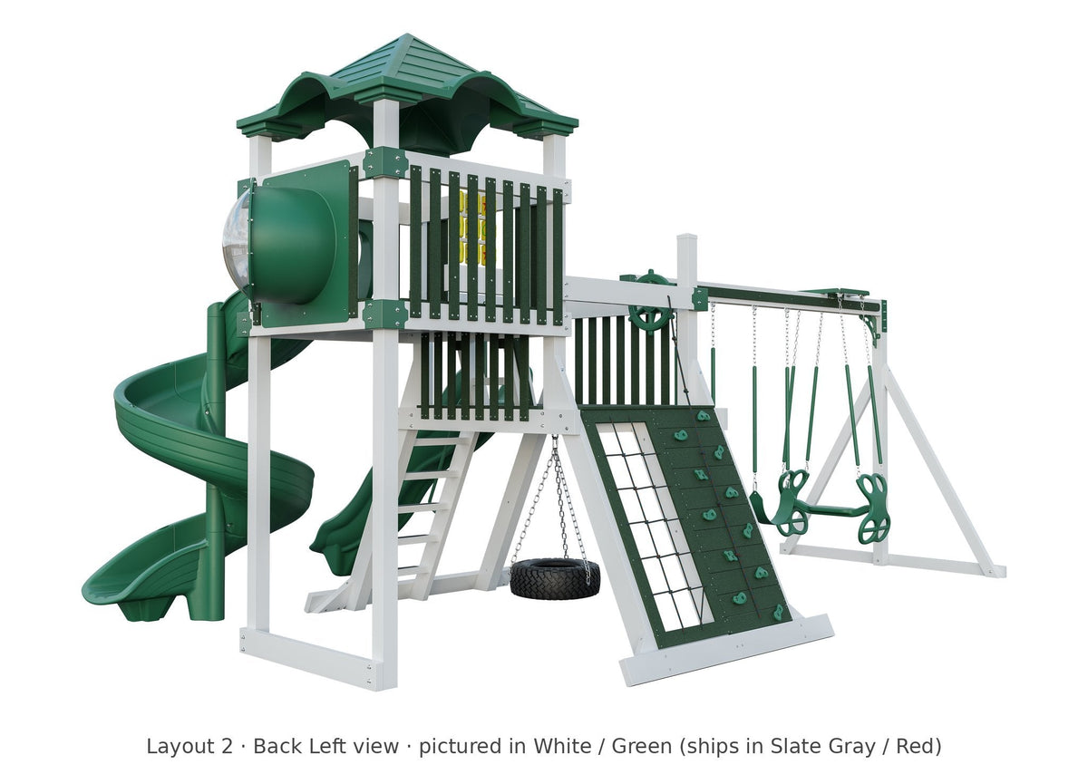 Amish Concord Vinyl Playset & Swing Set Kit – Layout 2, back left view (shown in White with Green accents)