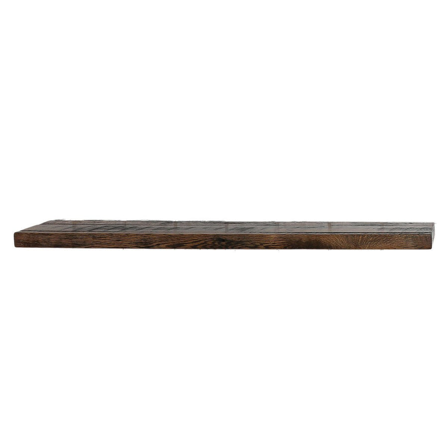 Side view of the reclaimed wood floating shelf plank with rough sawn edges and a dark walnut tone