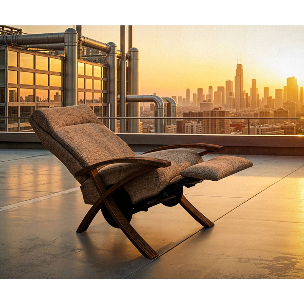 Wood frame recliner reclined on a rooftop terrace at sunset, tweed cushions and crossed walnut toned legs