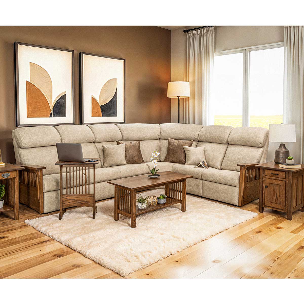 Beige power reclining corner sectional with slatted oak arms in a warm living room with Mission coffee table and end tables