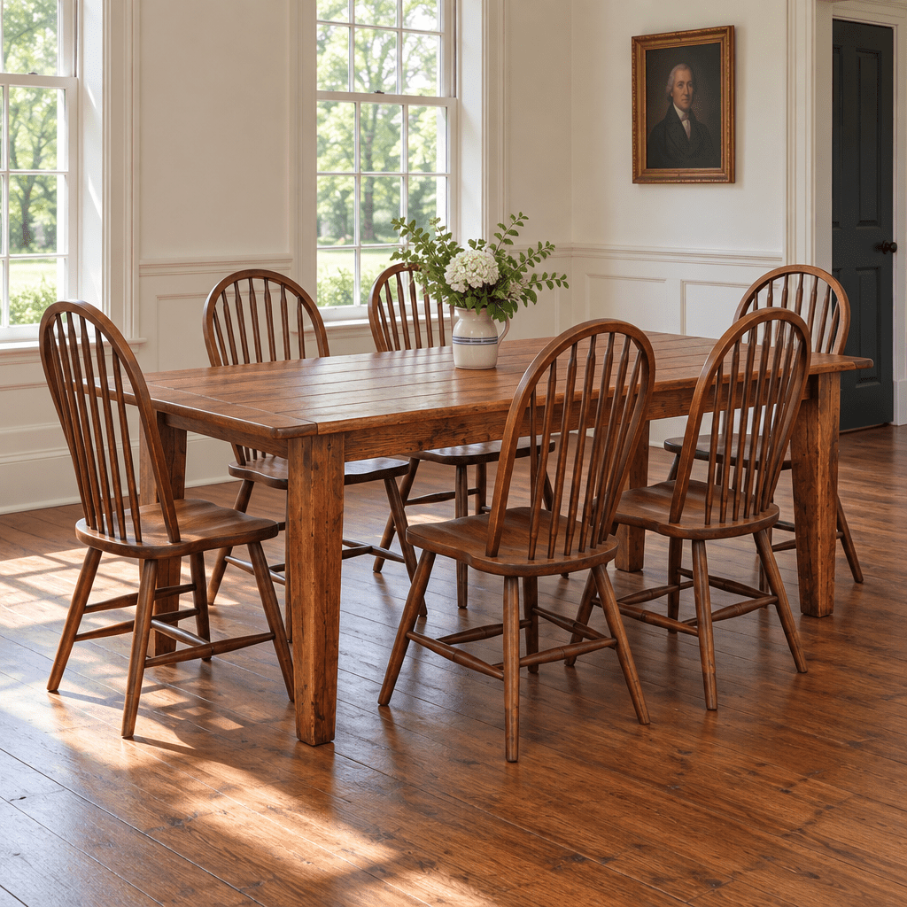 Amish Creswell Plank Top Dining Farm Table shown in the dining room of a traditional colonial home