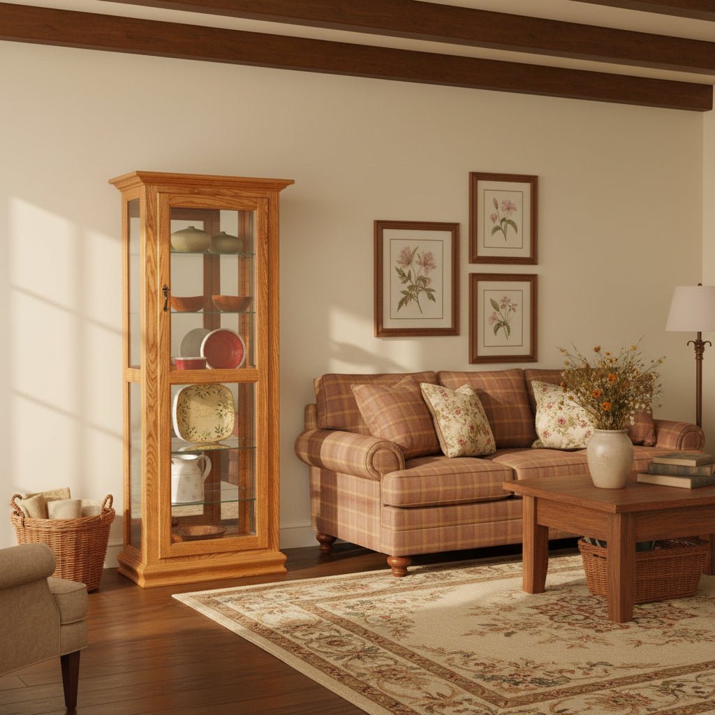Oak curio cabinet with glass sides, mirrored back and lighted glass shelves of pottery, standing in a beamed living room