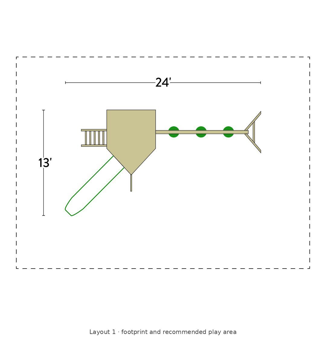 Amish Cutter Wooden Swing Set & Playset Kit – Layout 1 footprint and recommended play area diagram
