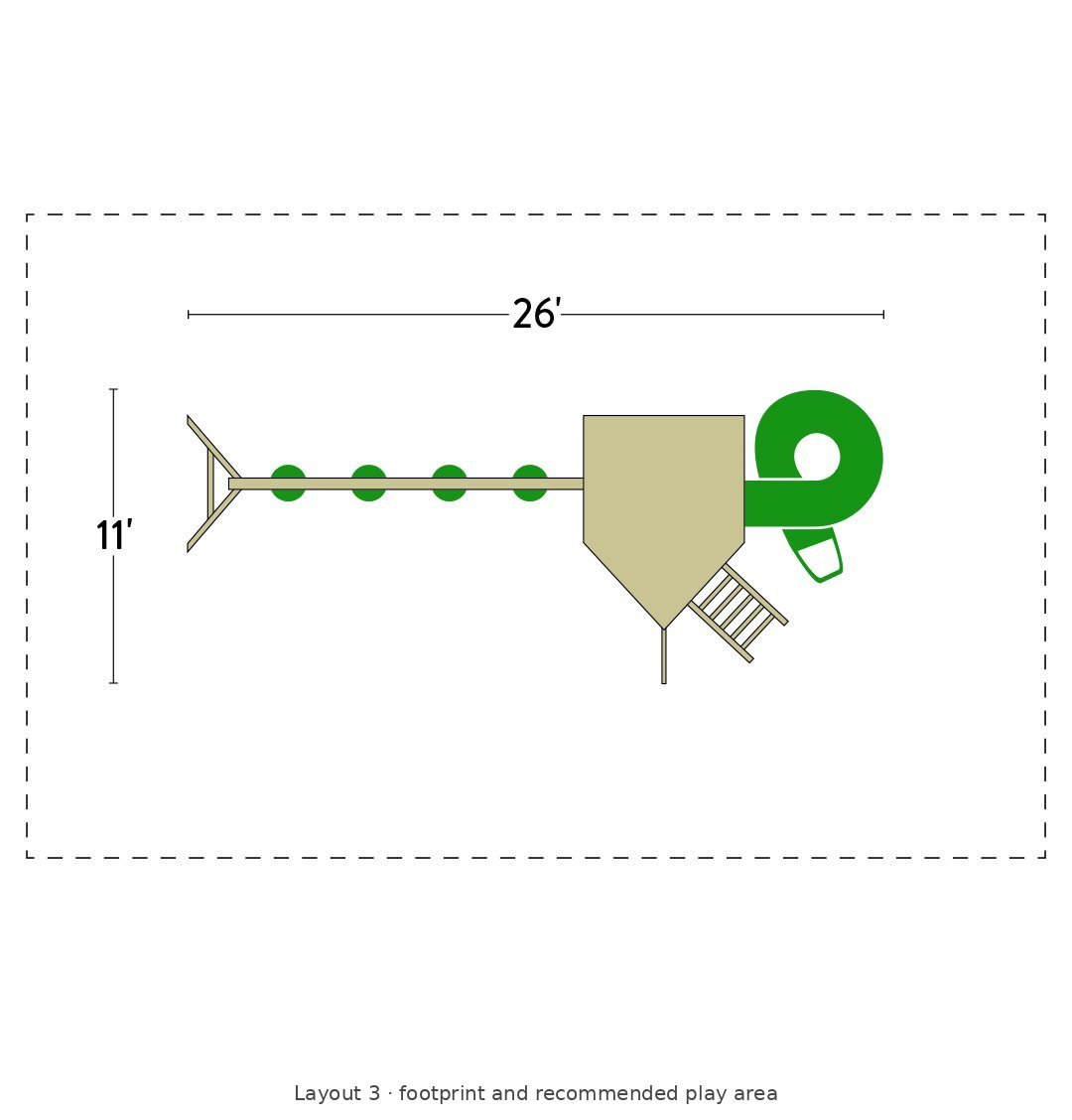 Amish Cutter Wooden Swing Set & Playset Kit – Layout 3 footprint and recommended play area diagram