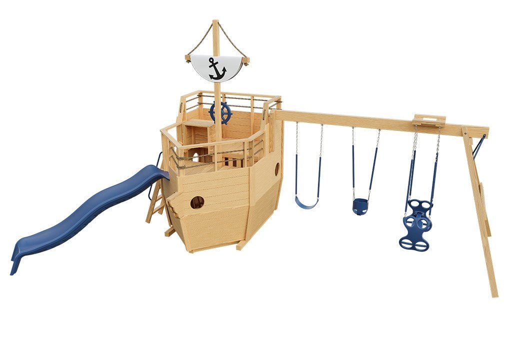 Cutter wooden playset Layout 1 in unstained, blue accents