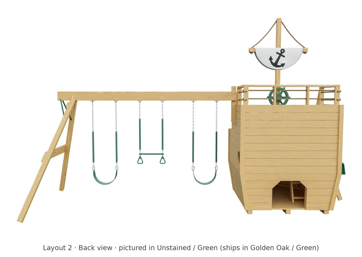 Amish Cutter Wooden Swing Set & Playset Kit – Layout 2, back view (shown in Unstained with Green accents)