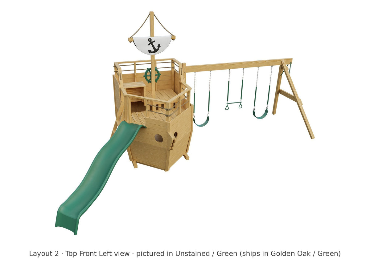 Amish Cutter Wooden Swing Set & Playset Kit – Layout 2, top front left view (shown in Unstained with Green accents)
