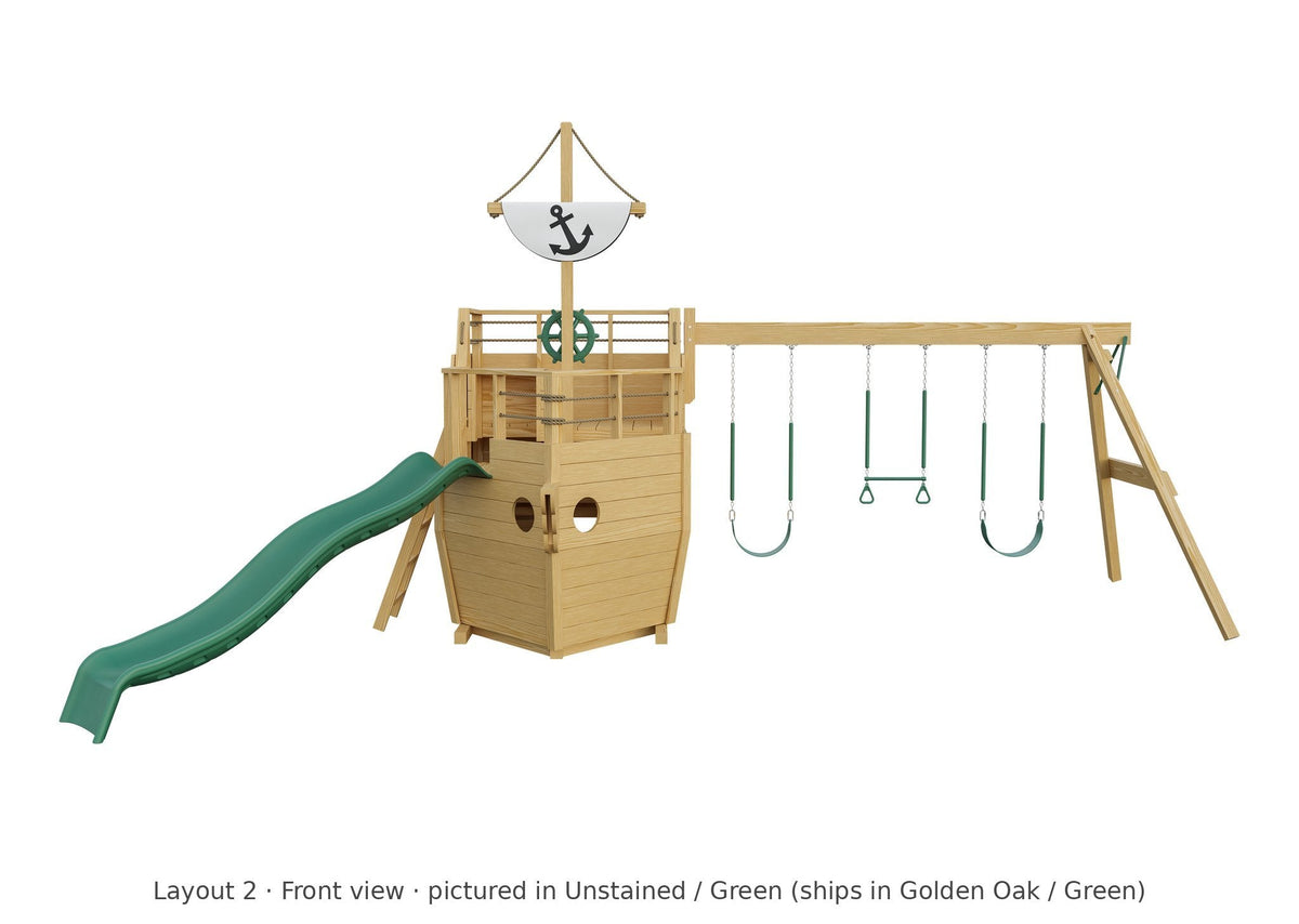 Amish Cutter Wooden Swing Set & Playset Kit – Layout 2, front view (shown in Unstained with Green accents)