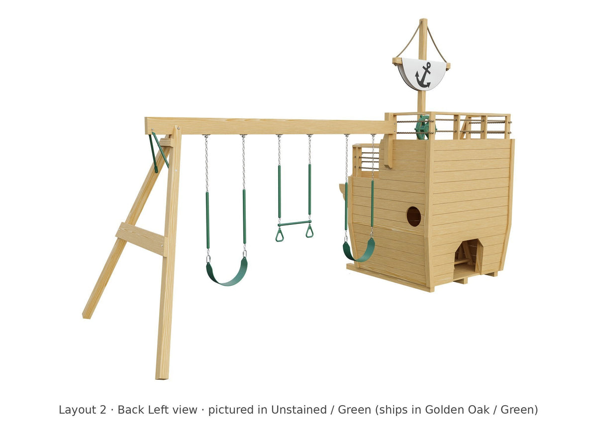 Amish Cutter Wooden Swing Set & Playset Kit – Layout 2, back left view (shown in Unstained with Green accents)