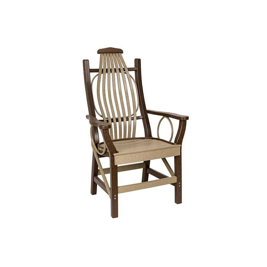 Bentwood poly patio dining armchair in weathered wood and brown with fanned back and slat seat