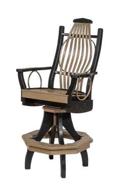 Bentwood poly swivel bar stool in weathered wood and black with a footrest ring and octagon base
