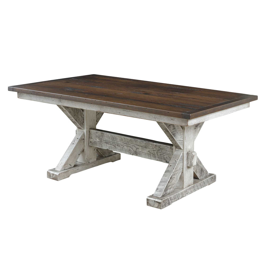 Two tone trestle farm table with a rich stained reclaimed top and chunky whitewashed pedestal trestle base