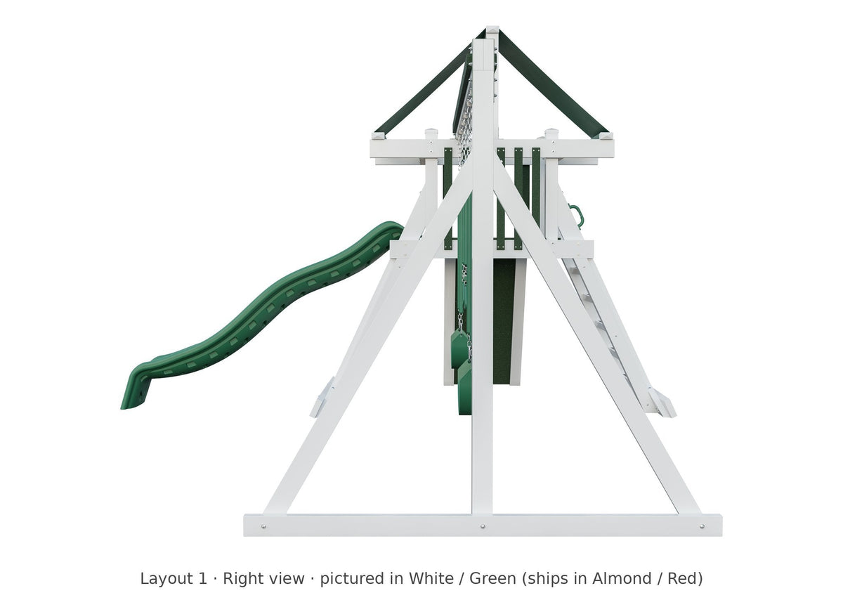 Amish Elkhorn Vinyl Playset & Swing Set Kit – Layout 1, right view (shown in White with Green accents)