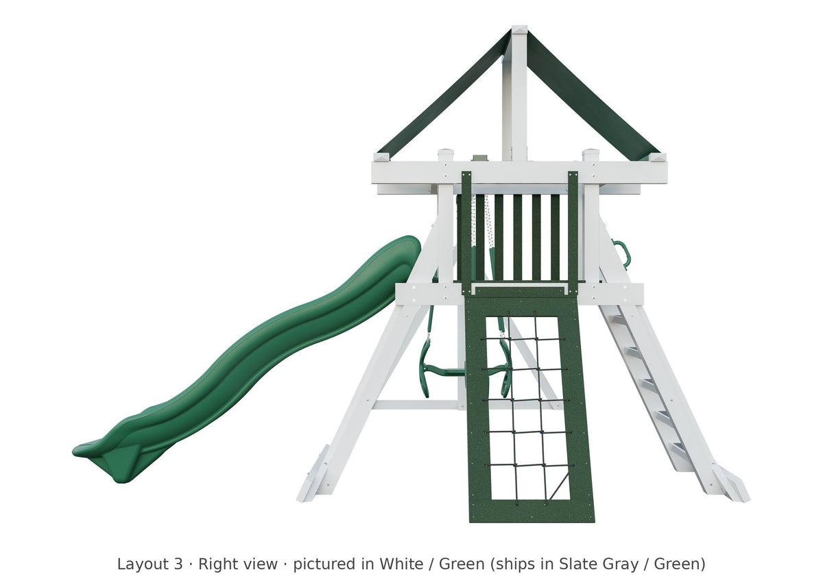 Amish Elkhorn Vinyl Playset & Swing Set Kit – Layout 3, right view (shown in White with Green accents)