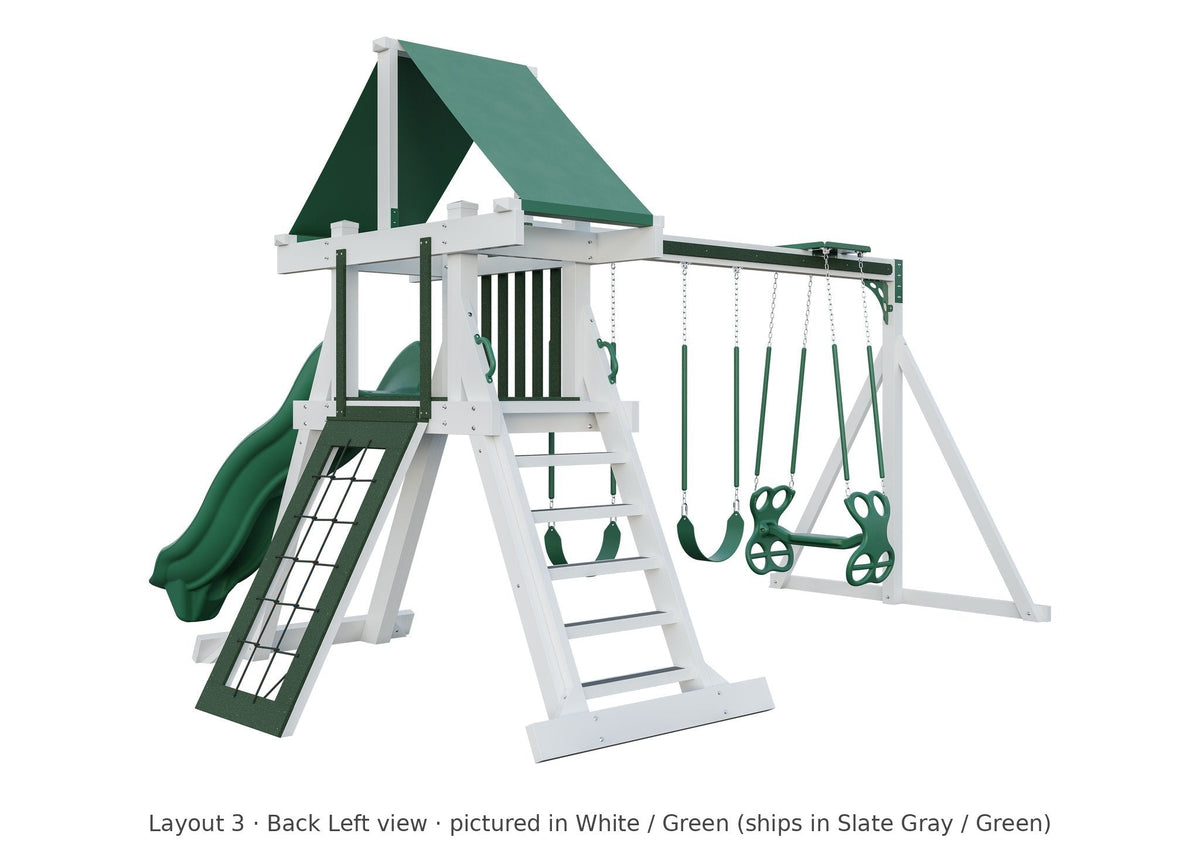 Amish Elkhorn Vinyl Playset & Swing Set Kit – Layout 3, back left view (shown in White with Green accents)