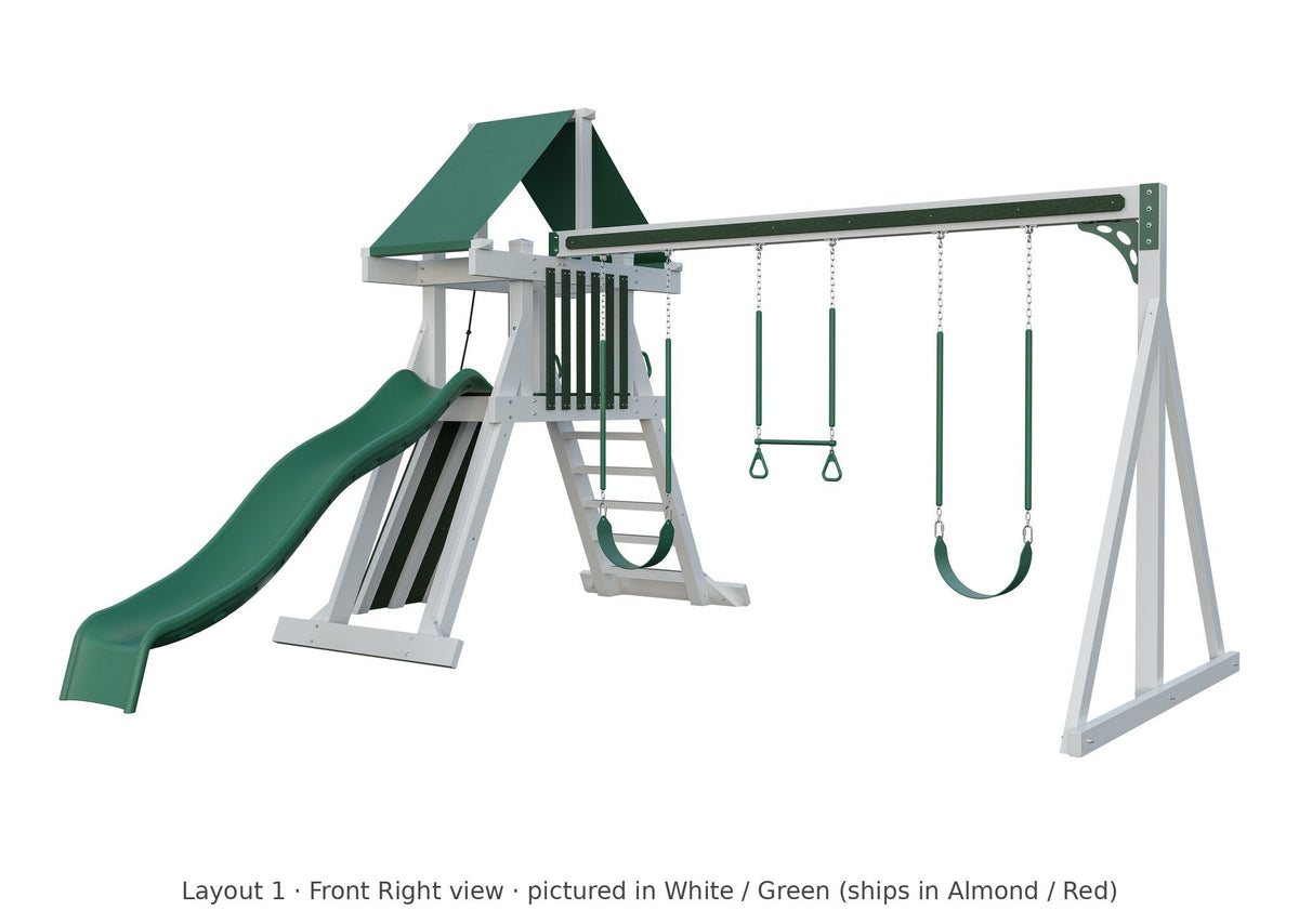 Amish Elkhorn Vinyl Playset & Swing Set Kit – Layout 1, front right view (shown in White with Green accents)