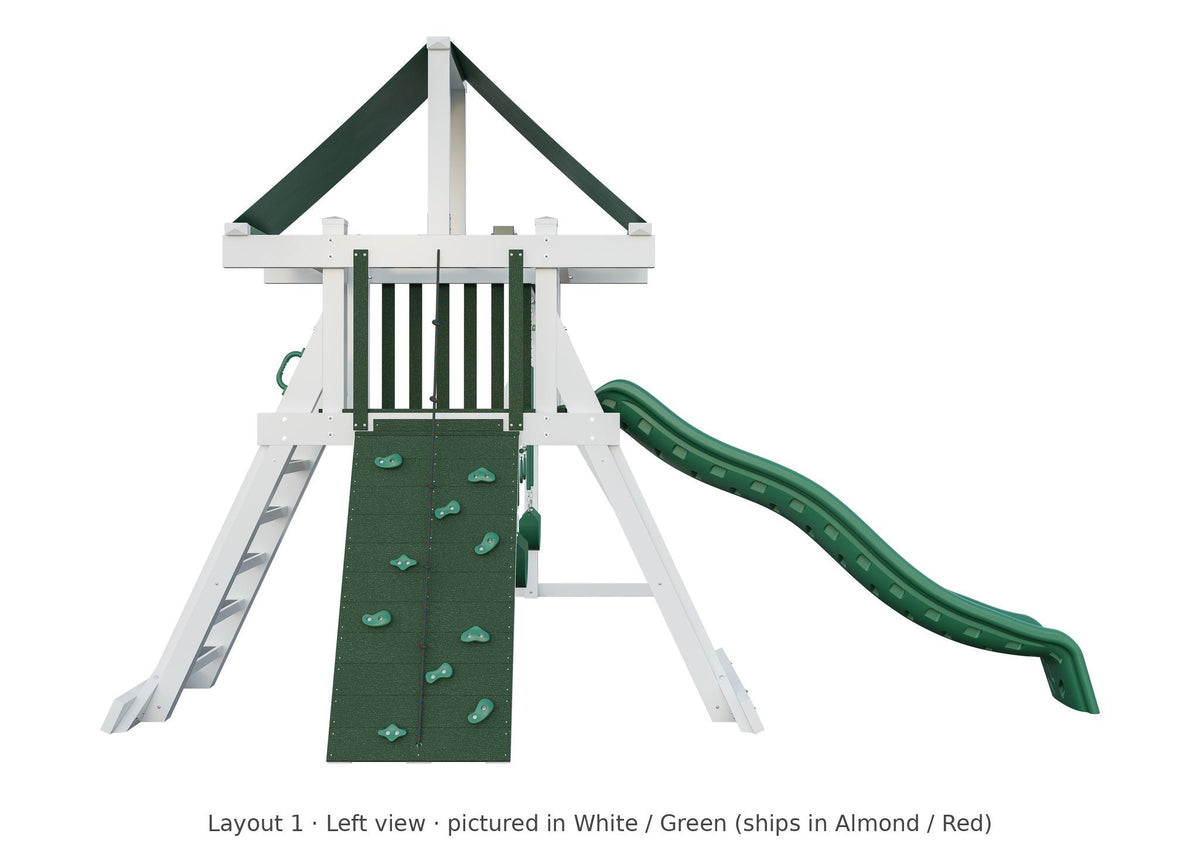 Amish Elkhorn Vinyl Playset & Swing Set Kit – Layout 1, left view (shown in White with Green accents)
