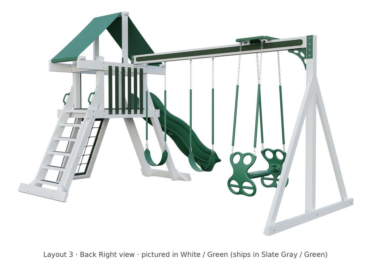 Amish Elkhorn Vinyl Playset & Swing Set Kit – Layout 3, back right view (shown in White with Green accents)