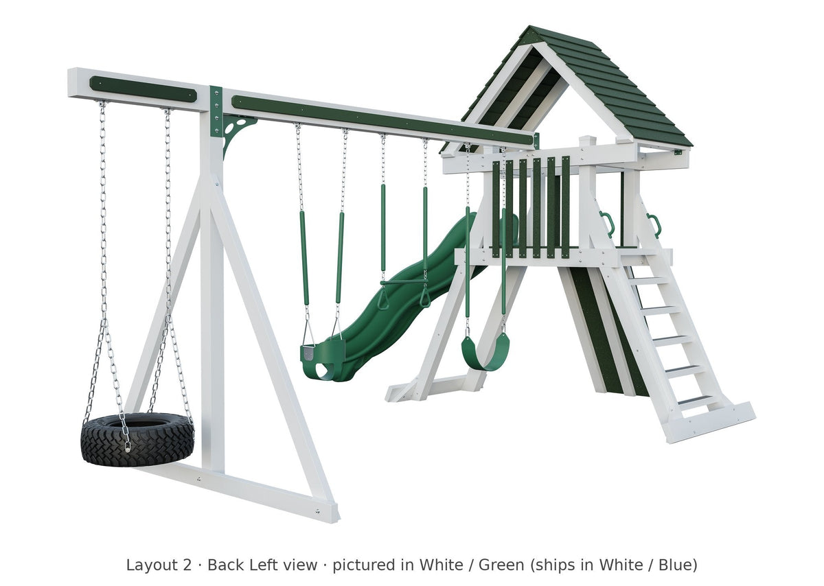 Amish Elkhorn Vinyl Playset & Swing Set Kit – Layout 2, back left view (shown in White with Green accents)