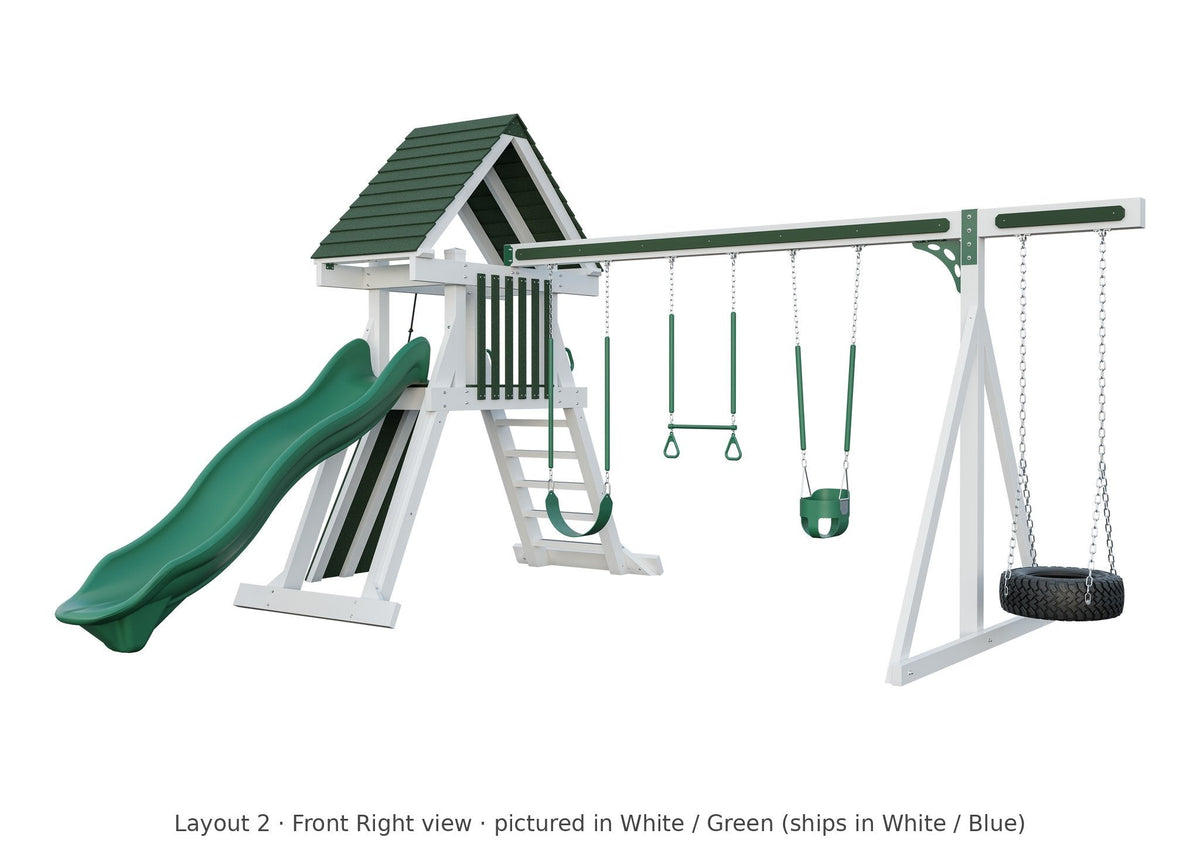 Amish Elkhorn Vinyl Playset & Swing Set Kit – Layout 2, front right view (shown in White with Green accents)