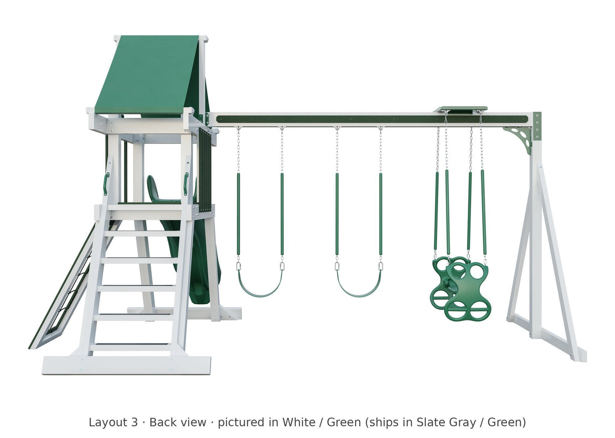 Amish Elkhorn Vinyl Playset & Swing Set Kit – Layout 3, back view (shown in White with Green accents)