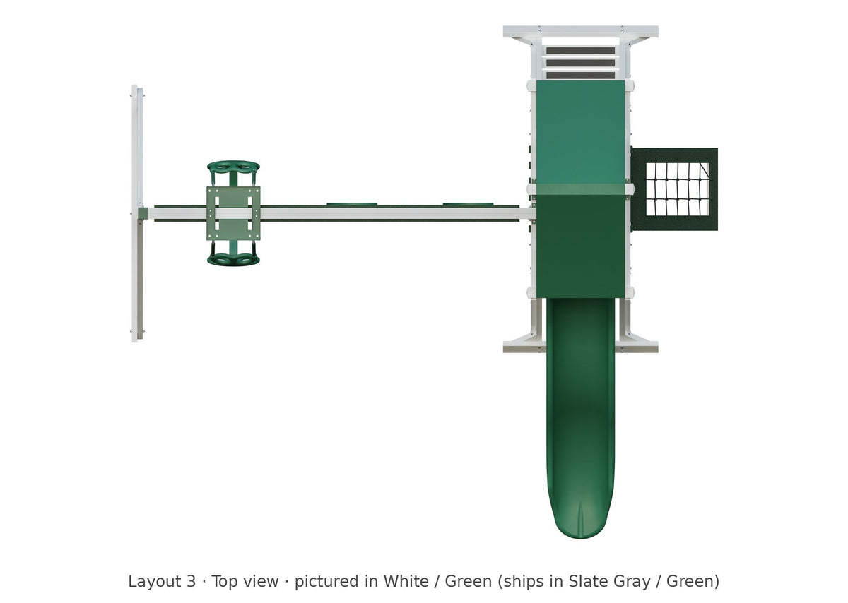 Amish Elkhorn Vinyl Playset & Swing Set Kit – Layout 3, top view (shown in White with Green accents)