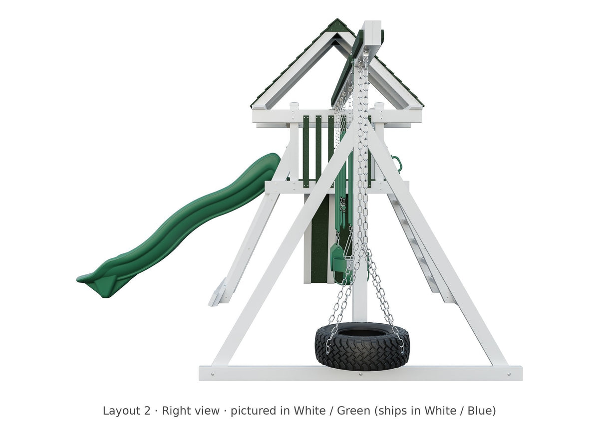Amish Elkhorn Vinyl Playset & Swing Set Kit – Layout 2, right view (shown in White with Green accents)